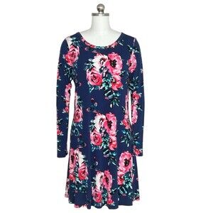 Him One Womens Floral Swing T-Shirt Dress Long Sleeve Navy Size L